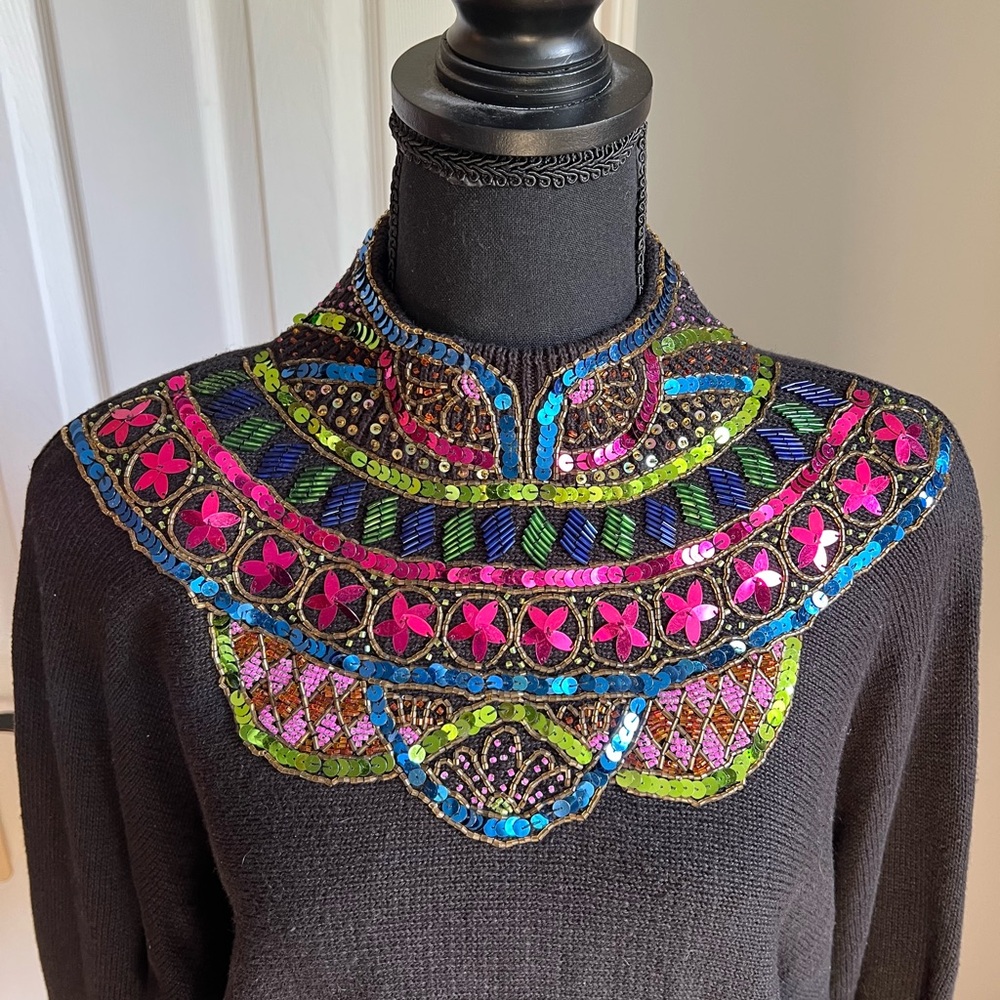 Vintage Black Turtleneck Sweater colorful embellishments